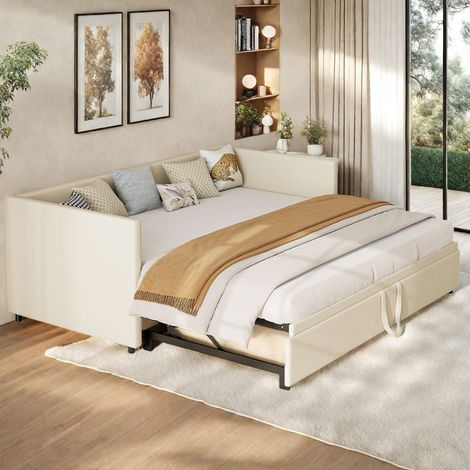 Lit gigogne capitonné 90 x 200 cm/180 x 200 cm–Canapé-Lit 2 Places en Velours–Canapé clic clac–Sommier à lattes–Salon Chambre–Design moderne–Beige