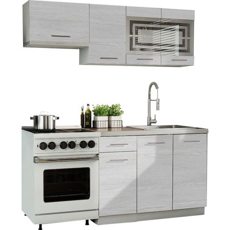 Dusine – Cuisine complète GIOVANNA 5 éléments – Bois blanchi 1,80m – Portes vitrées givrées – Mélaminé certifié FSC – Poignées métalliques lourdes (1/2)