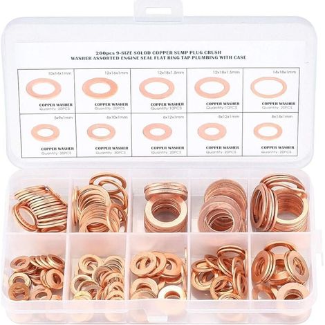 Cuivre Rondelles Metal, Joints Bague D'étanchéité, Rondelles Plates, Joint Torique avec Boîte pour L'étanchéité - 200 Pcs/M5 M6 M8 M10 M12 M14-LIAIKI (1/5)