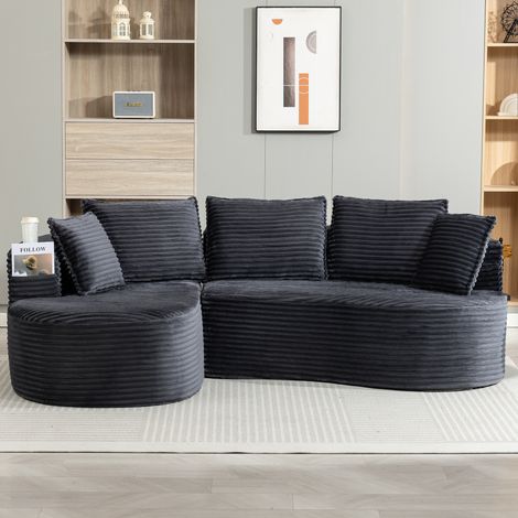 Canapé courbe 250x152x82 cm gris foncé en velours côtelé avec porte-gobelets, poches latérales et coussin (1/5)