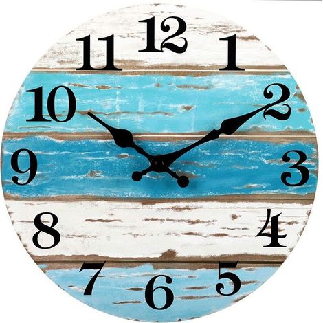 Horloge murale - Horloge murale bleue sur le thème de la plage à piles silencieuse sans tic-tac, horloge nautique côtière rustique ronde vintage décorative pour la maison, la cuisine, le sal (1/5)