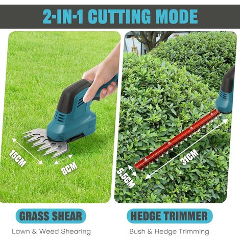 2-in-1 Akku-Heckenschere 21V, inklusive 1500mAh Akku und zwei Ersatzklingen (31 cm & 15 cm), ideal für Garten, Rasen, Sträucher und Rasenflächen. (1/4)