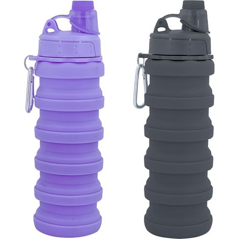 Set de 2 botellas de agua plegables, ideales para viajes, deportes y uso diario. Reutilizables, con mosquetón. Botella de silicona a prueba de fugas de 500 ml para camping.