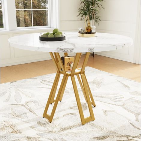 MEUBLIV Table à manger ronde 100x100x76 cm doré et blanc – effet marbre (1/5)