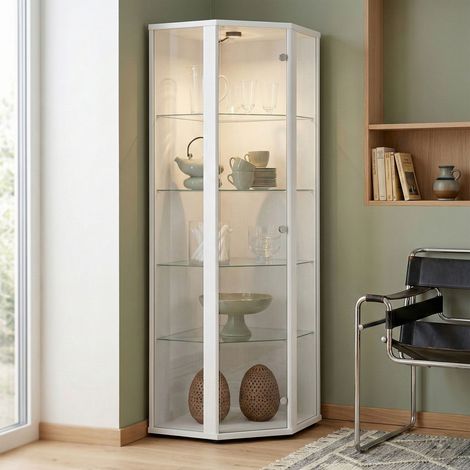 K-Möbel Vitrine d'Angle Blanc 176x56,5cm 4 Tablettes LED Germany