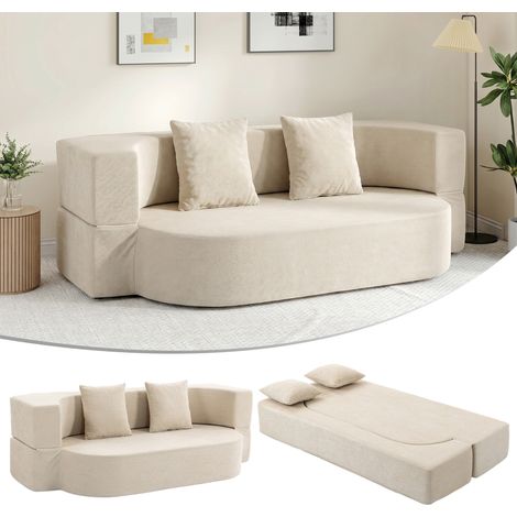 Canapé-lit 2 places - HOMCOM - dossier rabattable, assise et accoudoirs larges, 2 oreillers - chenille - 190 x 80 x 60 cm - beige (1/5)