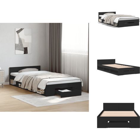 Cadre de lit avec tiroir sans matelas noir 90x190 cm - Cadre De Lit - Lit Double - Meuble Chambre - Rangement Sous Lit - Design Moderne (1/5)