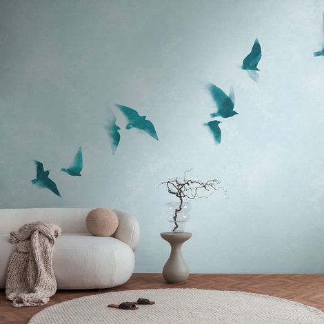 Sfondo fotografico Profhome 399231 Carta da parati TNT goffrata a caldo liscia con uccelli opaca blu blu-turchese 3,71 m x 2,8 m