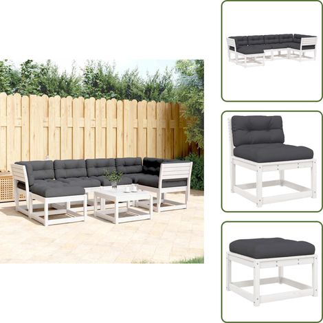 6-tlg. Garten-Sofagarnitur mit Kissen Weiß Massivholz Kiefer - Gartensofas - Gartenmöbeln - Esszimmergarnitur - Lounge Set - Rattan Gartenmöbel (1/5)