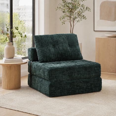 Sofá cama plegable 79x79x57 cm verde oscuro con respaldo y cojines, tejido chenilla, MEUBLIV (1/5)