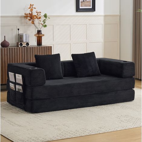 Sofá cama plegable convertible, con bolsillos laterales y portavasos, tejido de pana negro (1/5)