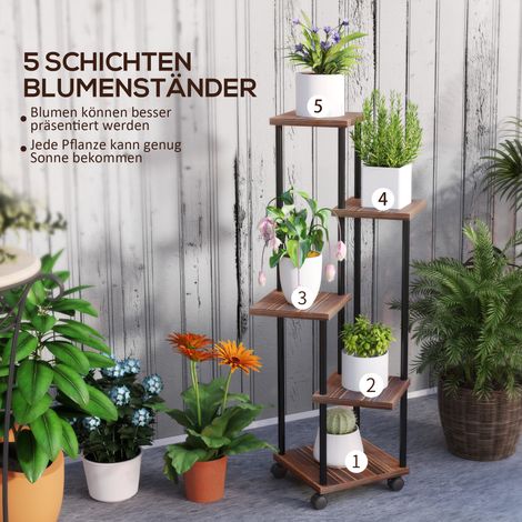 Fünfstufiger Blumenständer, fünfstufiger Pflanzenständer, Stufendesign, leicht zu bewegen, Holz, Stahl. (1/5)