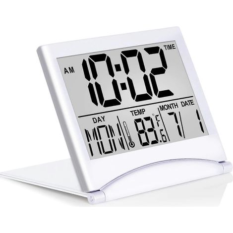Réveil de voyage numérique - Horloge LCD pliable avec calendrier, minuteur et affichage de la température - Grands chiffres, fonctionne sur piles (argent, sans rétroéclairage) (1/5)