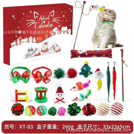 Weihnachts-Countdown-Überraschungsbox mit Katze und Hund, inklusive Katzenglöckchen und Hundekrawatte – Weihnachts-Katzenspielzeug-Überraschungsbox XT-83
