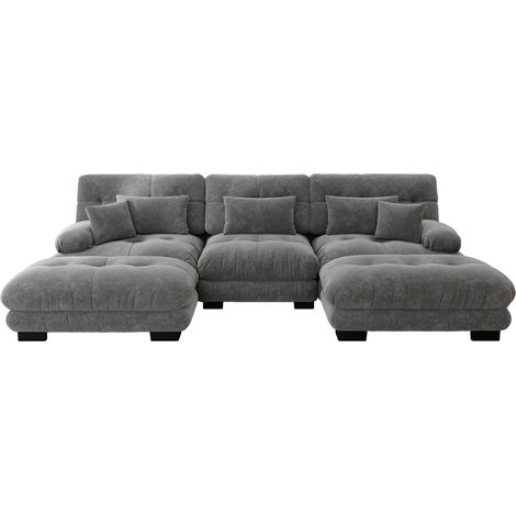Sofá seccional modular en U de chenilla gris con otomana, asiento profundo, modelo Cloud (1/5)
