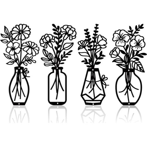 D'Art Mural en Métal avec Fleurs Décoration Murale Minimaliste à Fleurs Noires Sculpture Florale dans un Vase Ornements Suspendus pour Salon Salle de Bain Cuisine (1/5)