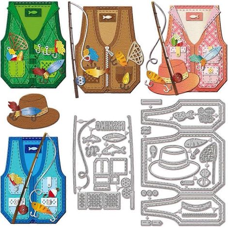 Matrices de découpe pour gilet et chapeau de pêche, idéales pour la création de cartes, le scrapbooking, les carnets et la décoration en papier gaufré. (1/5)