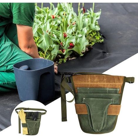 Werkzeuggürtel – Werkzeugtasche – Werkzeughalter – 5 Fächer – Canvas – Verstellbarer Schultergurt – 30 x 28,5 cm – Grün und Braun (1/5)