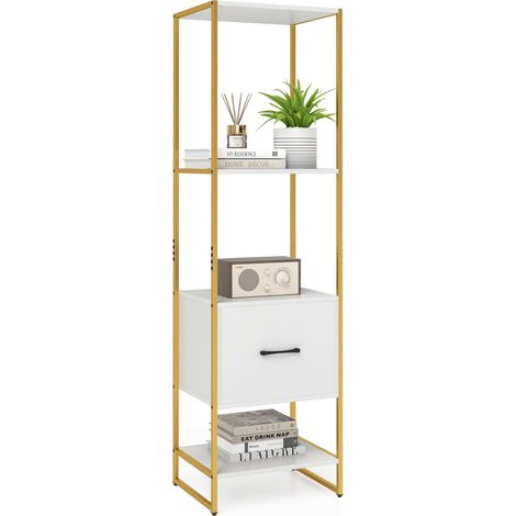 COSTWAY 5-Tier Bookshelf Tall Narrow Bookcase w/Shelves & Drawer-White (1/5)