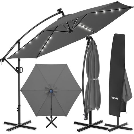 Parasol à pied déporté Artemis, pivotant 360°, LED solaire, 3,5 x m - gris