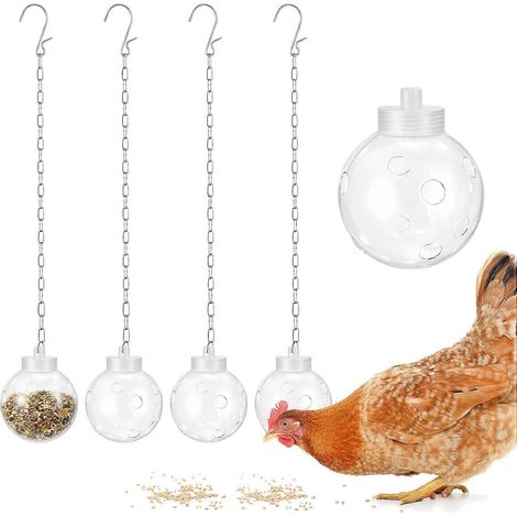 Distributeur de friandises pour poules (lot de 4), mangeoire interactive à alimentation lente suspendue avec chaîne en métal, jouet à picorer, résistant au poulailler. (1/5)