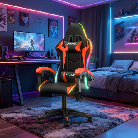 Ergonomic PU Leather Office Chair RGB LED RACING GAMING CHAIRwith Headrest and Lumbar Support Black + Red