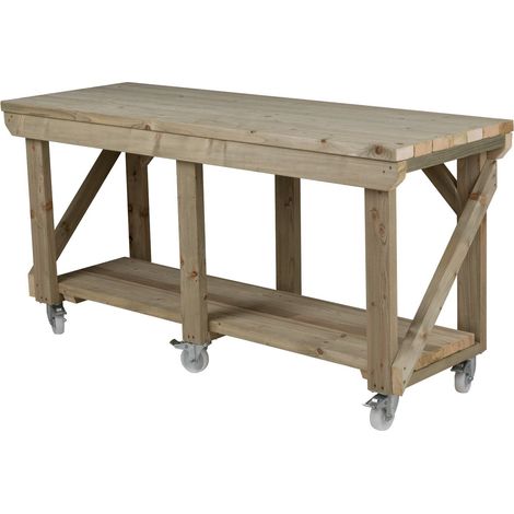 Indoor/outdoor workbench pressure treated station (H-90cm, D-64cm, L-300cm) with wheels