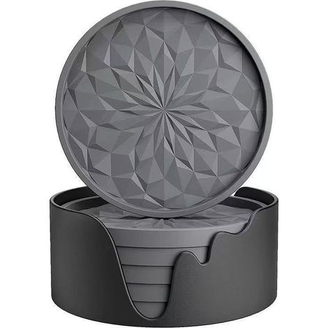 Lot de 6 dessous de verre en silicone avec support, sous-verres pour boissons chaudes ou froides, épais, antidérapant, antidérapant, plateau profond, gris foncé (1/5)