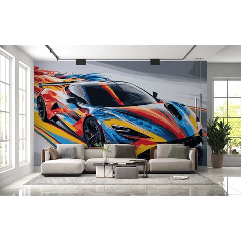 Papier peint voitures - voiture de course multicolore sur piste - 150 x 250 cm (1/2)