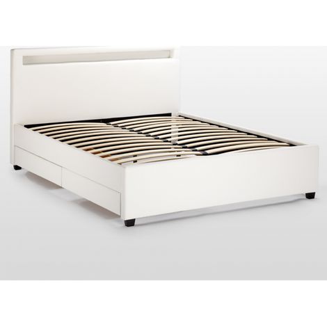 Letto matrimoniale 2 piazze moderno con rete testiera led cassetti 160x190 Geneva King - Bianco
