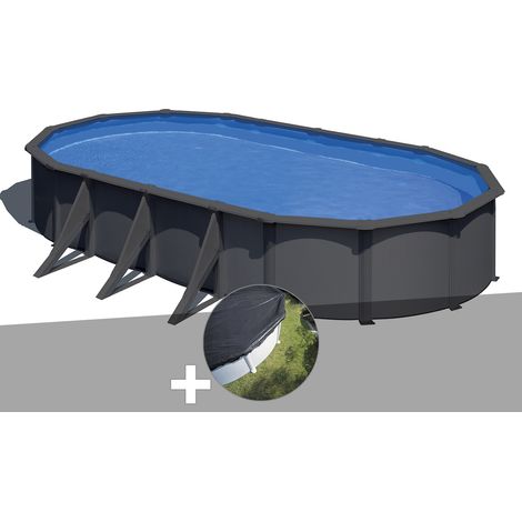 Kit piscine acier gris anthracite Gré Louko ovale 7,44 x 3,99 x 1,22 m + Bâche d'hivernage