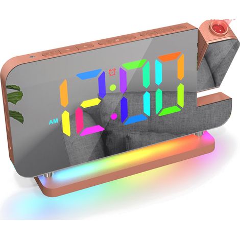 Réveil numérique RGB avec projection LED, horloge miroir rose, veilleuse arc-en-ciel, ports USB-C et volume réglable pour chambre