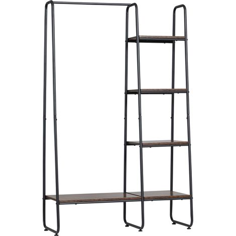 Portant à vêtements en bois avec 4 étagères et tringle pour chambre ou salon, 101 x 39 x 160 cm, marron rustique