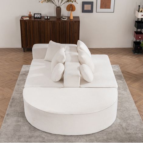 Divano modulare 263x171x66 cm, senza montaggio, trasformabile in letto, tessuto chenille bianco (1/5)