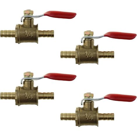Lot de 4 mini interrupteurs de robinet à boisseau sphérique en laiton forgé, 6,35 mm cannelé x 6,35 mm, poignée de fonctionnement à 180 degrés