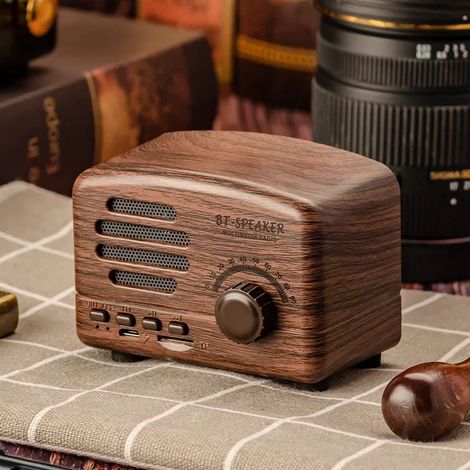(Marron) Enceinte Bluetooth de style rétro, mini enceinte portable d'extérieur avec radio FM, emplacement pour carte TF et fonctions multimédias. (1/4)