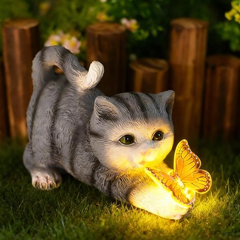 1 Figurine de chat, Résine, Panneau solaire intégré, Lumière blanche chaude, IP65, Pour jardin terrasse balcon (1/5)