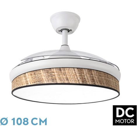 Ventilador de Techo LED Moda FABRILAMP Blanco/Cañizo Oscuro, 108 cm, 72W, 7200 lm, Motor DC, 3 Aspas Retráctiles y Mando (1/3)
