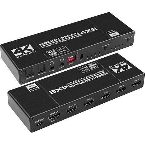 Commutateur/répartiteur matriciel 4x2 compatible HDMI, prend en charge SPDIF et HDR 3,5 mm L/R, compatible HDMI, prend en charge HDCP 2.2, 3D et 4K à 60 Hz. (1/5)