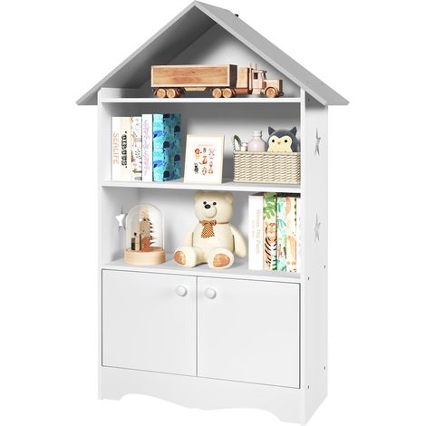 Woltu – Bibliothèque enfants en bois – Étagère à jouets avec porte verrouillable – 3 étagères – Dimensions 62x27.5x115cm – Blanc et gris (1/5)