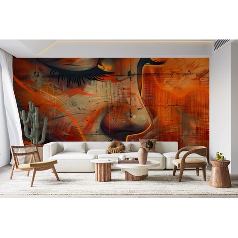 Papier peint graffiti - portrait de femme abstrait orange - 150 x 250 cm (1/2)