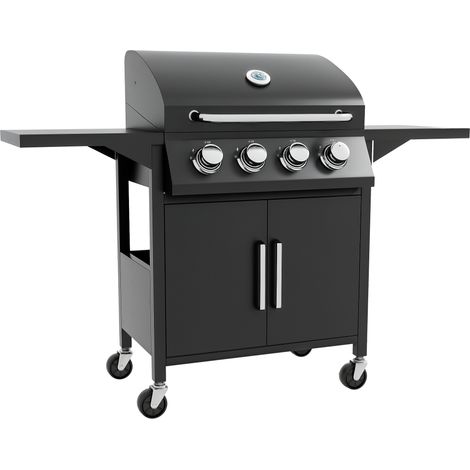 4 Burner Gas BBQ Grill Outdoor Portable Barbecue Trolley w/ Warming Rack, Side Shelves, Storage Cabinet, Thermometer