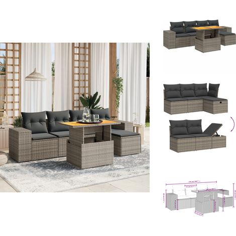 Salon de jardin 6 pcs avec coussins gris résine tressée - Ensemble Salon De Jardin - Mobilier Extérieur - Résine Tressée - Rotin Synthétique - Table Extensible (1/4)