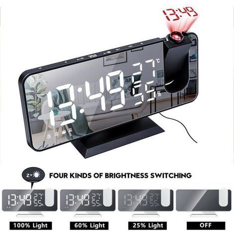 Réveil Numérique De Miroir LED Radio-réveil Electronique De Bureau Réveil USB Projecteur Radio FM Mode de Gradation Noir (1/4)