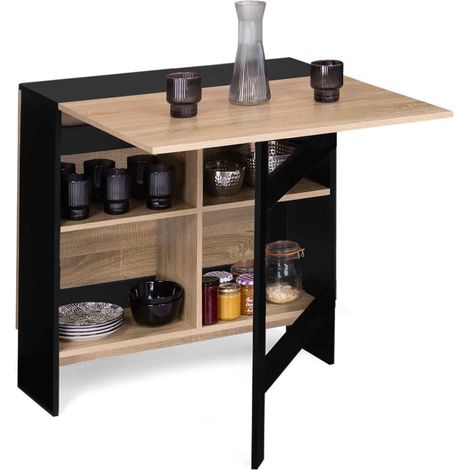 Klappbarer Konsolentisch EDI 2-6 Personen mit Ablagefächern Holz schwarz Tischplatte in Buchenoptik 150 x 80 cm
