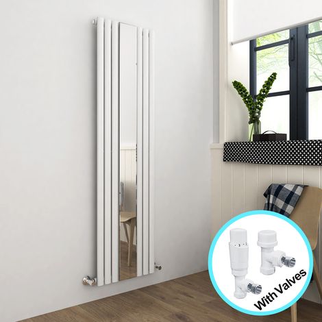 ELEGANT Central Heating Radiator 1800 x 500mm Vertical White Oval Column Panel Heating with Mirror + White Thermostatic Radiator Valves (1/5)