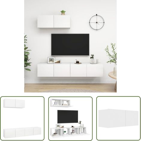 The Living Store Meubles TV 3 pcs Blanc Bois d'ingénierie - Meuble Tv Suspendu - Meuble Tv Blanc - Armoire Hifi - Étagère Murale - Rangement Mural (1/5)