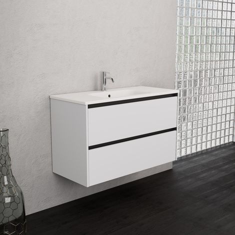 Inda - Badezimmerschrank 2 Schubladen B.100 mit mattiertem Waschbecken / Mattweiß - Smeraldo (1/5)