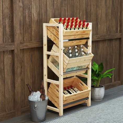 Porte-caisse à boissons pour 3 caisses,structure bois 3 niveaux charge 150kg,dimensions 56x32x112cm pour stockage d’eau et bière bois naturel.