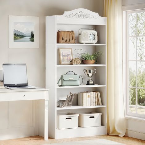 Hohes, freistehendes Bücherregal aus Holz mit 6 Ebenen für das Wohnzimmer im Industriestil – 190 x 80 x 30 cm – Weiß